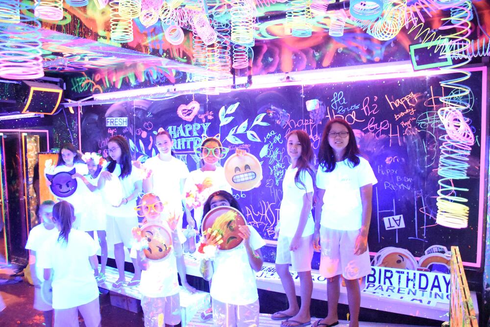 Group of kids at a glow in the dark birthday party in Hong Kong